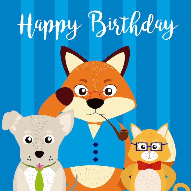 Carte De Joyeux Anniversaire Avec Dessin Anime Animaux Mignons Vecteur Premium