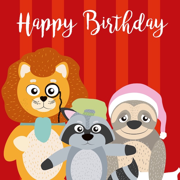 Carte De Joyeux Anniversaire Avec Dessin Anime Droles D Animaux Vecteur Premium