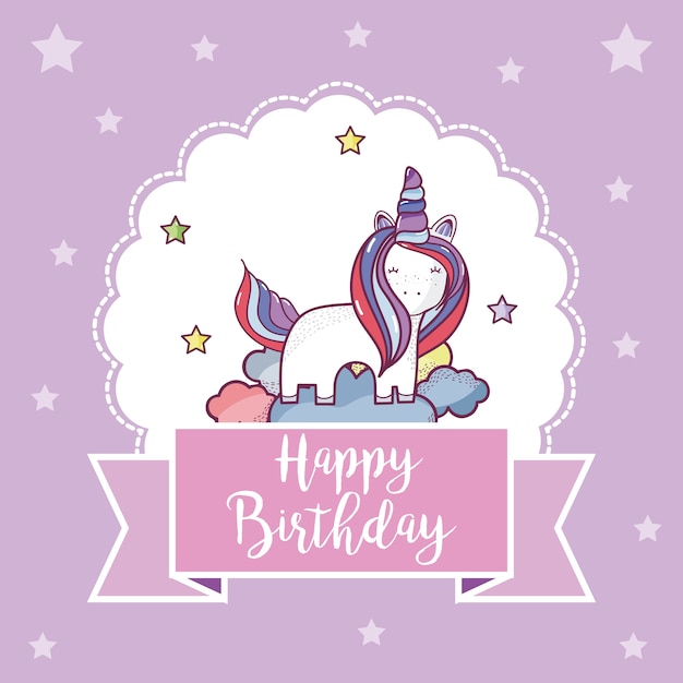 Carte De Joyeux Anniversaire Avec Des Dessins Animes Fantastiques De Licornes Mignons Vecteur Premium