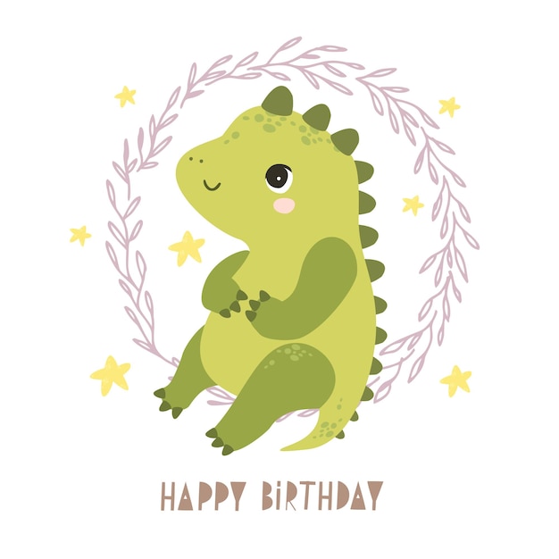 Carte De Joyeux Anniversaire Avec Dinosaure Mignon Vecteur Premium