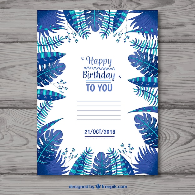 Carte De Joyeux Anniversaire Avec Des Feuilles Bleues Dans Un Style Plat Vecteur Gratuite