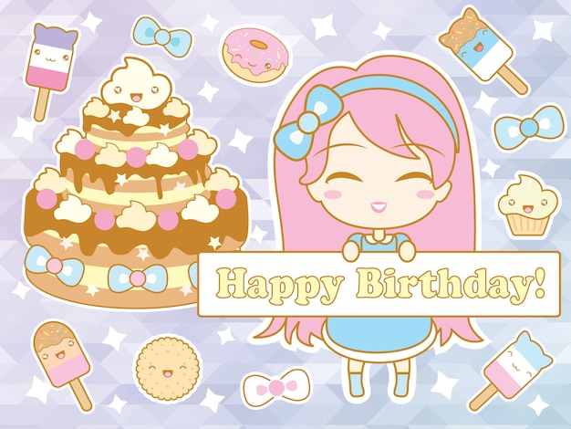 Carte De Joyeux Anniversaire Avec Une Fille Chibi De Dessin Anime Souriant Mignon Vecteur Premium