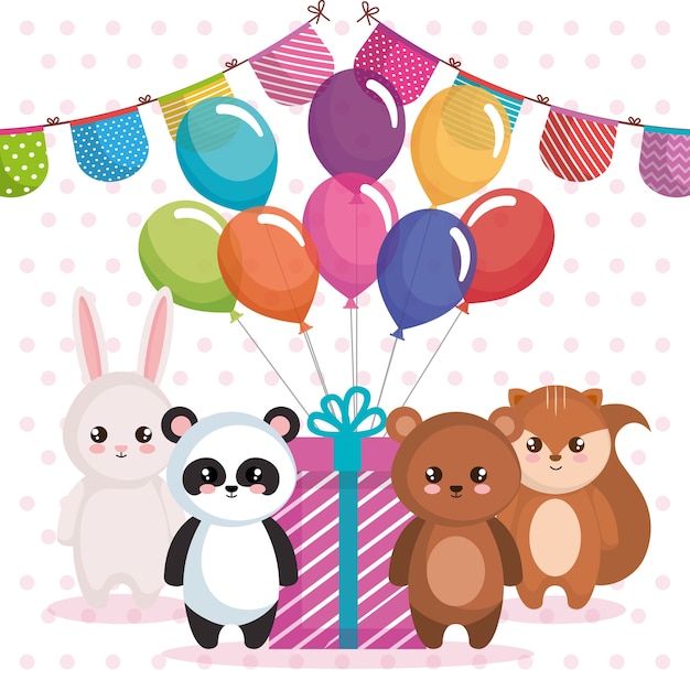 Carte De Joyeux Anniversaire Avec Un Groupe D Animaux Vecteur Premium