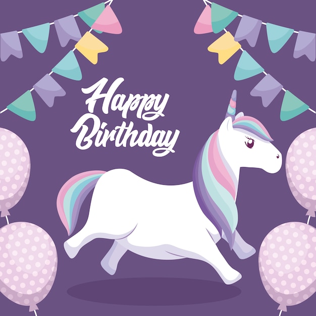 Carte De Joyeux Anniversaire Avec Une Licorne Mignonne Vecteur Premium