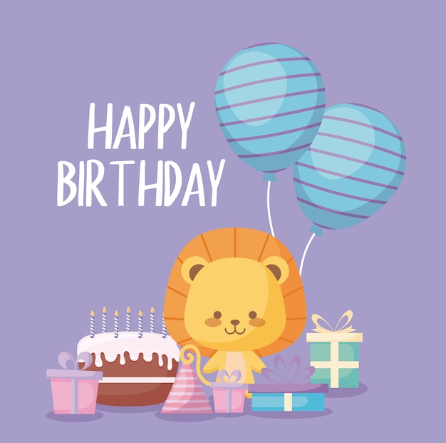 Carte De Joyeux Anniversaire Avec Lion Mignon Vecteur Premium