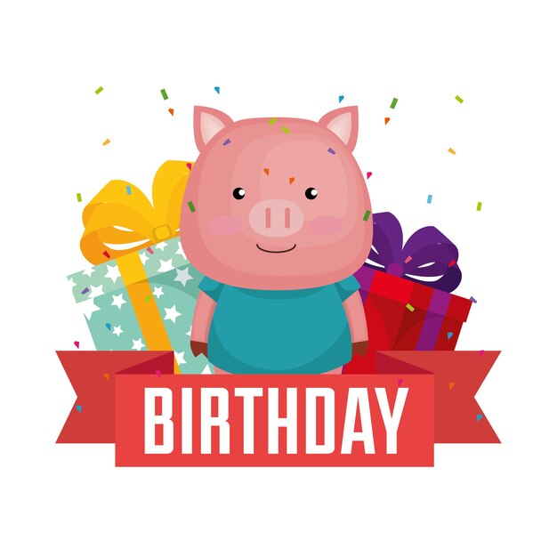 Carte De Joyeux Anniversaire Avec Mignon Cochon Vecteur Premium