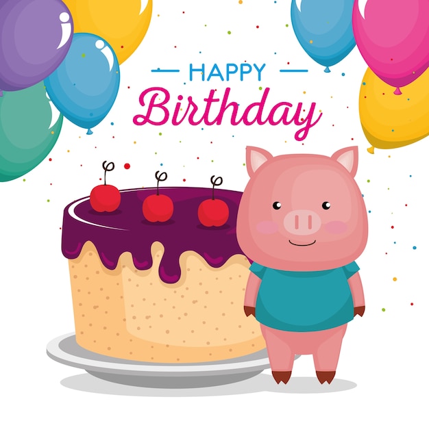 Carte De Joyeux Anniversaire Avec Mignon Cochon Vecteur Premium