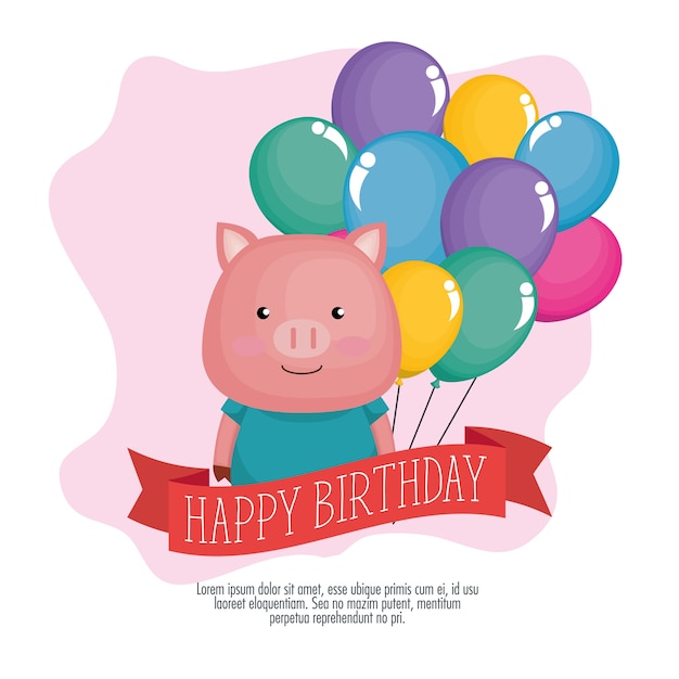 Carte De Joyeux Anniversaire Avec Mignon Cochon Vecteur Premium