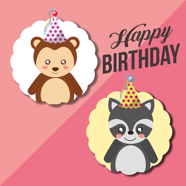 Carte De Joyeux Anniversaire Mignon Raton Laveur Drole Et Singe Vecteur Premium