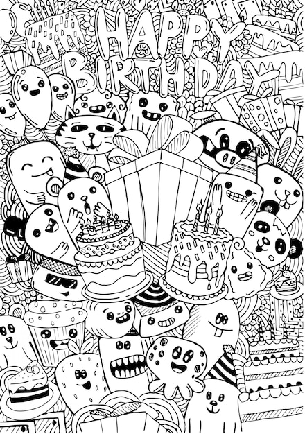 Carte de joyeux anniversaire avec des monstres mignons dans un style doodle Vecteur Premium