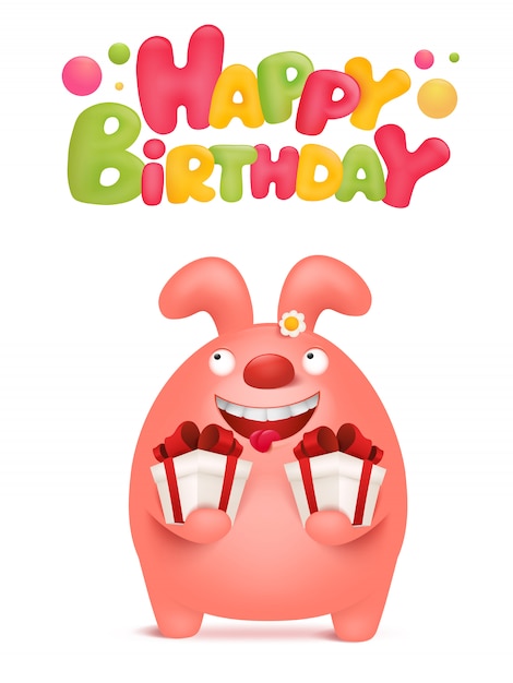 Carte De Joyeux Anniversaire Avec Le Personnage De Dessin Anime De Lapin Rose Vecteur Premium