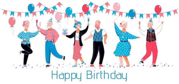 Carte De Joyeux Anniversaire Avec Des Personnes Agees Dansant Et Celebrant Avec Des Chapeaux De Fete Vecteur Premium