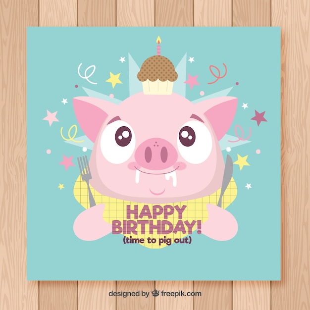 Carte De Joyeux Anniversaire Avec Porc Mignon Dans Un Style Plat Vecteur Premium