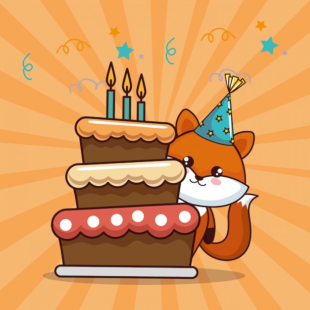 Carte De Joyeux Anniversaire Avec Renard Mignon Vecteur Premium