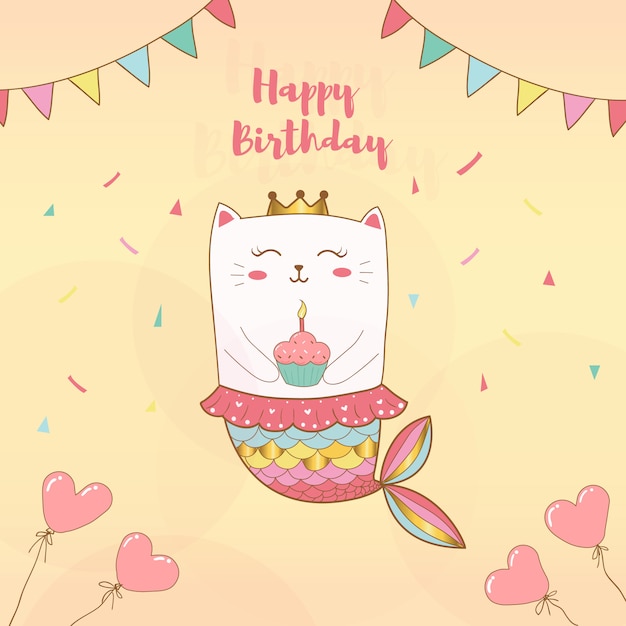 Carte De Joyeux Anniversaire De Sirene Chat Mignon Avec Fond De Couleurs Pastel Vecteur Premium