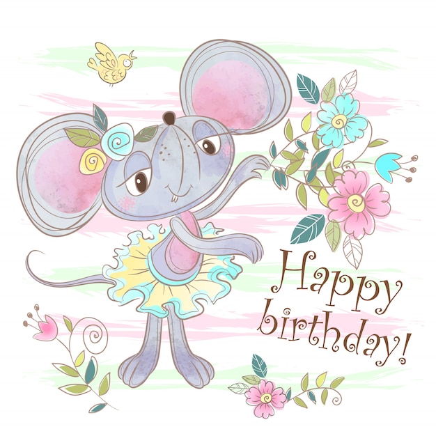 Carte de joyeux anniversaire avec une souris mignonne. Vecteur Premium