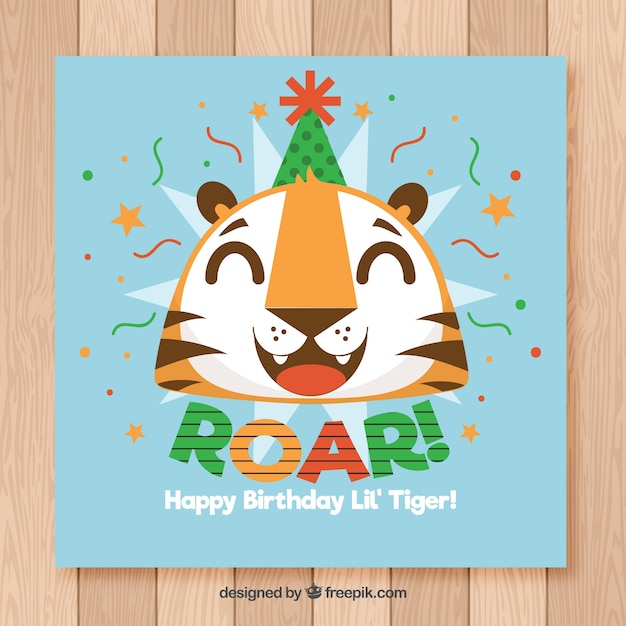 Carte De Joyeux Anniversaire Avec Un Tigre Drole Dans Un Style Plat Vecteur Gratuite