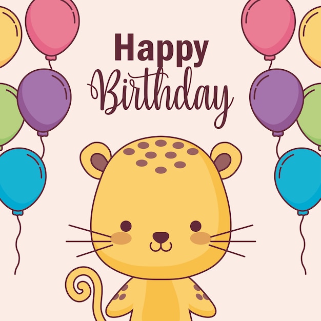 Carte De Joyeux Anniversaire Tigre Mignon Avec Des Ballons A L Helium Vecteur Premium