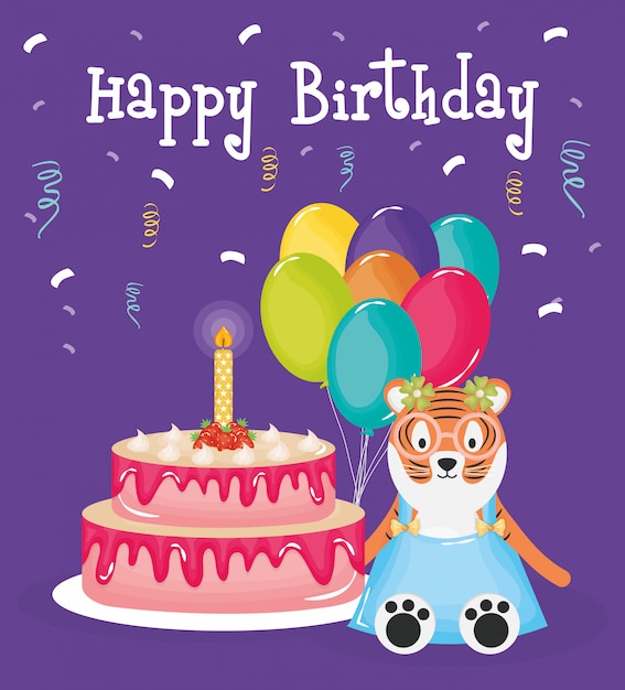 Carte De Joyeux Anniversaire Avec Tigre Mignon Vecteur Premium