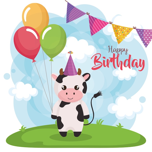 Carte De Joyeux Anniversaire Avec Vache Vecteur Premium