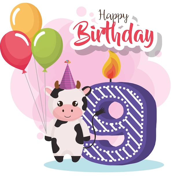 Carte De Joyeux Anniversaire Avec Vache Vecteur Premium