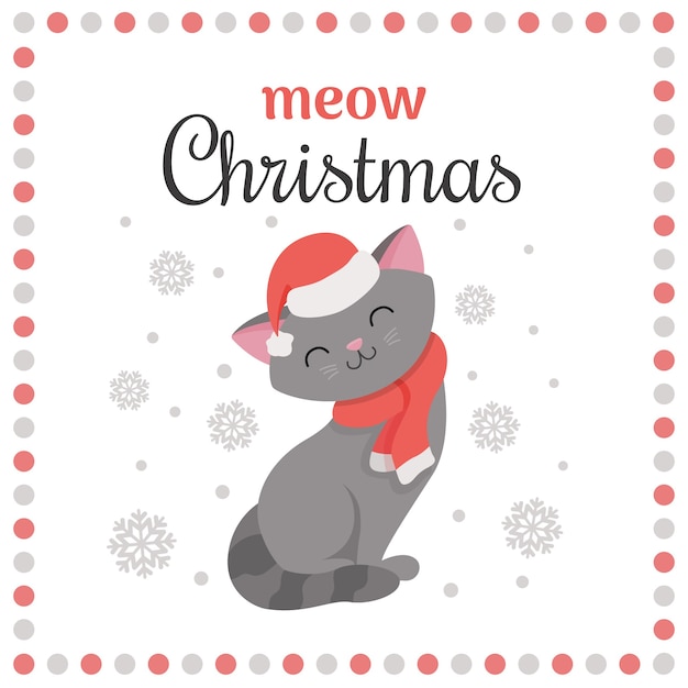 Carte De Joyeux Noel Et Bonne Annee Avec Joli Chat Gris En Bonnet Rouge Du Pere Noel Et Echarpe Tricotee Vecteur Premium