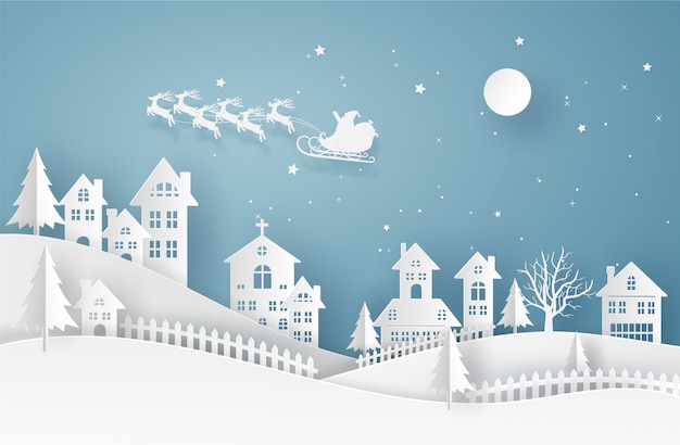Carte De Joyeux Noel Dans Le Paysage D Hiver Avec Des Maisons Et Des Batiments Et Le Pere Noel Sur Le Ciel Vecteur Premium