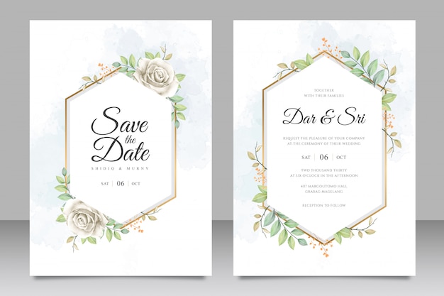 Carte de mariage sertie modèle avec aquarelle de fleurs et feuilles Vecteur Premium