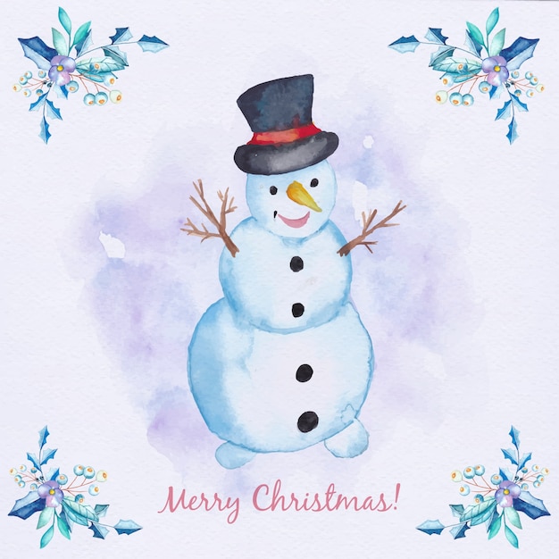 Carte De Noel Aquarelle Avec Bonhomme De Neige Et Branches Vecteur Premium