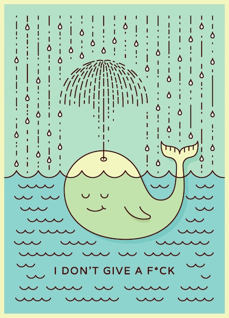 Carte postale avec bébé mignon baleine imprudente nageant dans la mer sous la pluie faisant un parapluie de sa fontaine. Vecteur Premium