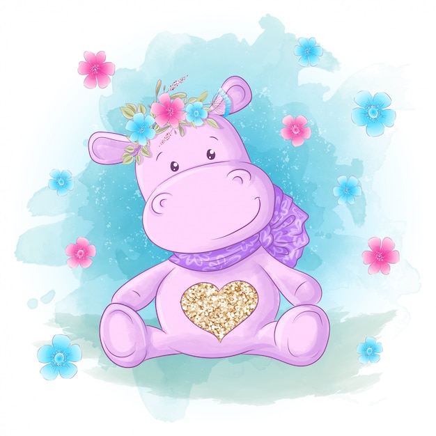 Carte Postale Mignon Hippopotame Fleurs Et Papillons Style