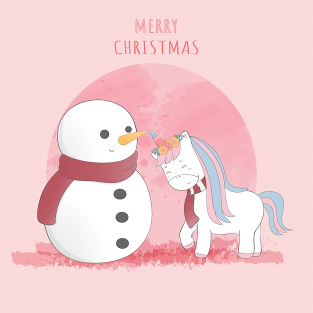 Carte Postale Mignonne De Licorne Et De Bonhomme De Neige Joyeux Noel Vecteur Premium