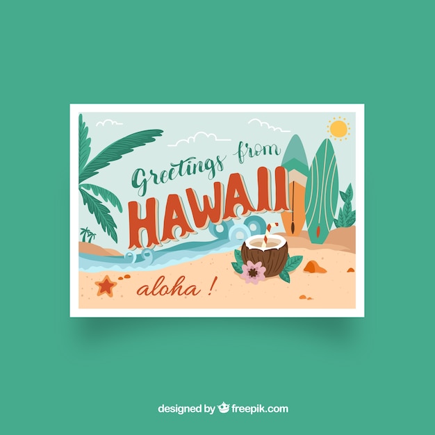 Carte Postale De Voyage Avec Hawaii Dans Un Style Dessine A La Main Vecteur Gratuite