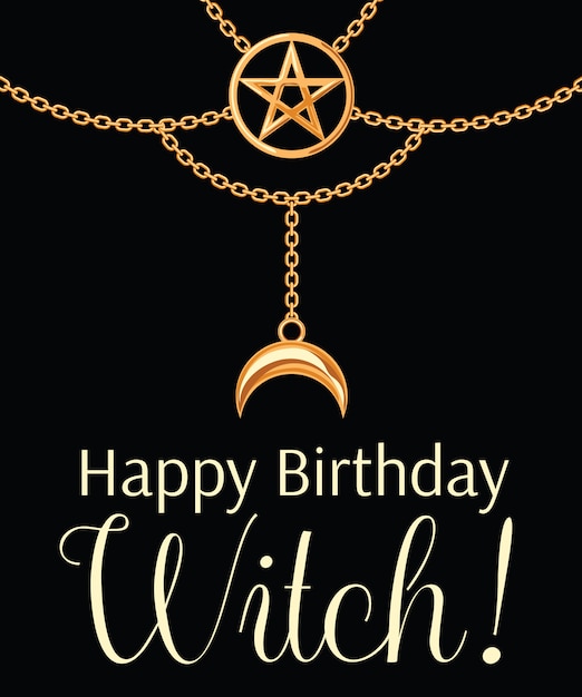 Carte De Sorciere Joyeux Anniversaire Collier En Metal Dore Vecteur Premium