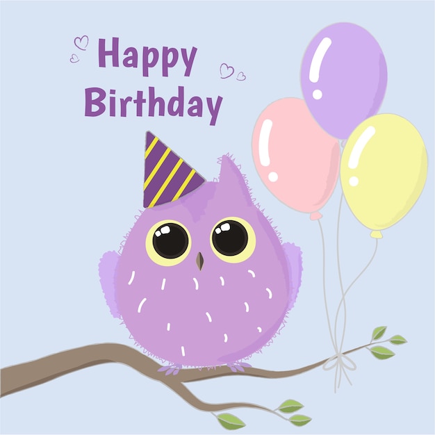 Carte De Vecteur De Joyeux Anniversaire De Chouette Mauve Mignon Vecteur Premium