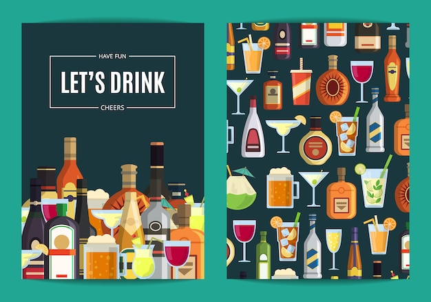 Carte de vecteur, modèle de flyer pour bar, pub ou magasin d'alcool avec des boissons alcoolisées dans des verres et des bouteilles. illustration de whisky et de boissons alcoolisées Vecteur Premium
