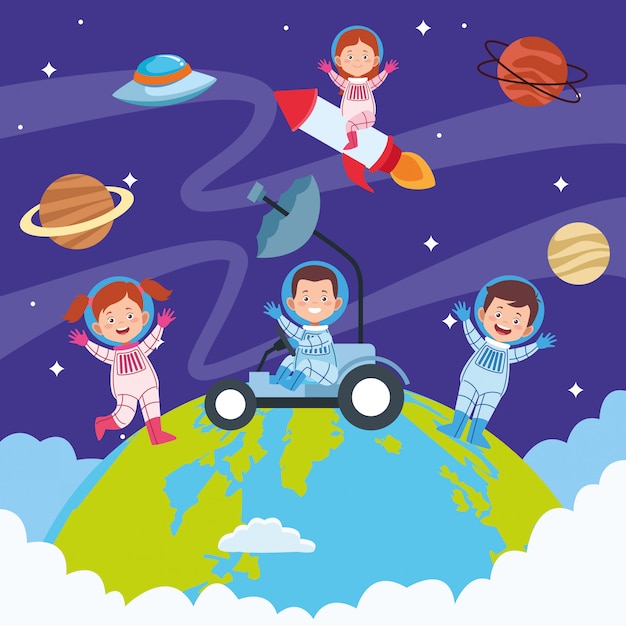 Carte De Voeux Bonne Journee Avec Les Enfants Dans L Espace Vecteur Gratuite