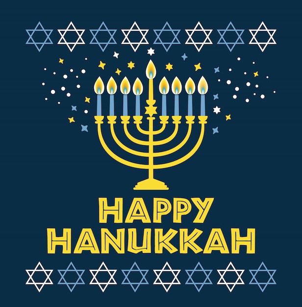 Carte de voeux hanoucca fête juive traditionnelle 'hanoucca - bougies menorah, étoile david illustration sur bleu. Vecteur Premium
