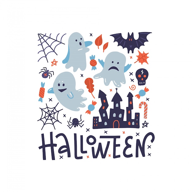 Carte De Voeux Happy Halloween Motif Carre Avec Fantomes Araignee Noire Chateau Effrayant Et Toile D Araignee Vecteur Premium