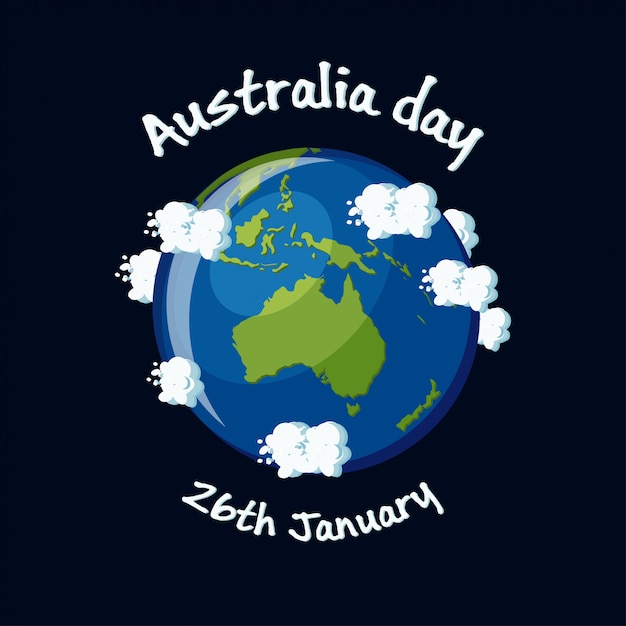 Carte de voeux de jour de l'australie, 26 janvier avec l'australie carte globe, nuages et texte. illustration vectorielle de dessin animé dans un style plat. Vecteur Premium