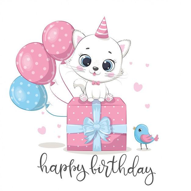 Carte De Voeux De Joyeux Anniversaire Avec Chaton Vecteur Premium