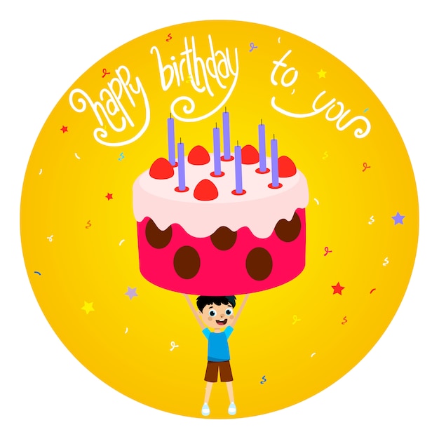 Carte De Voeux Joyeux Anniversaire Avec Garcon Et Illustration D Un Enorme Gateau Vecteur Premium