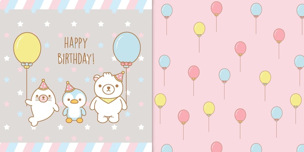 Carte De Voeux Joyeux Anniversaire Kawaii Bebes Animaux Et Modele Sans Couture Vecteur Premium