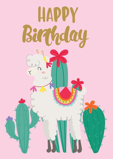 Carte De Voeux Joyeux Anniversaire Avec Lama Mignon Vecteur Premium