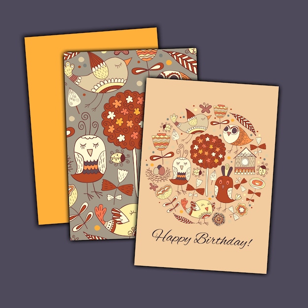 Carte De Voeux Joyeux Anniversaire Avec Des Oiseaux Et Des Fleurs Abstraites Doodle Vecteur Premium