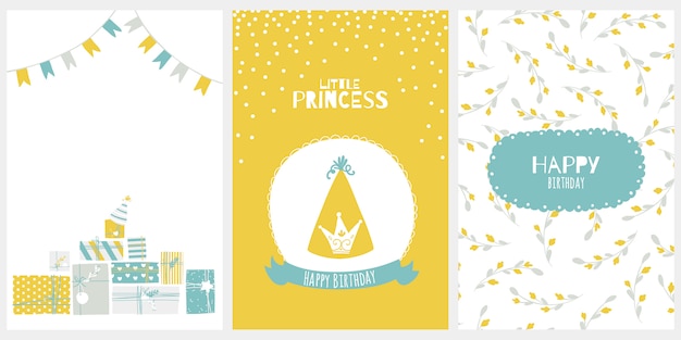 Carte De Voeux De Joyeux Anniversaire Pour Petite Princesse Illustration Dans Le Style Scandinave De Dessin Anime Palette Limitee Elegante Vecteur Premium