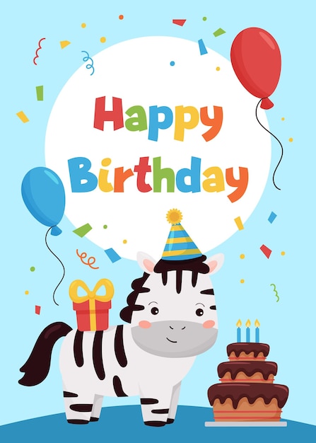 Carte De Voeux Joyeux Anniversaire Avec Zebre De Dessin Anime Mignon Gateau Ballons Et Cadeau Vecteur Premium