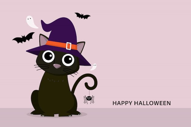 Carte De Voeux Joyeux Halloween Avec Un Joli Chat Noir Portant Un Chapeau De Sorciere Et Un Fantome Effrayant Vecteur Premium