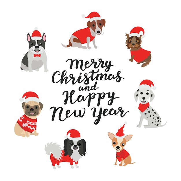 Carte De Voeux Joyeux Noel Et Bonne Annee Chiens En Costumes Pere Noel Vecteur Premium