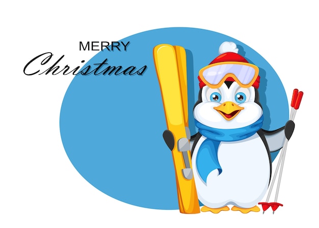 Carte De Voeux Joyeux Noël. Pingouin Mignon Avec Des Skis | Vecteur Premium